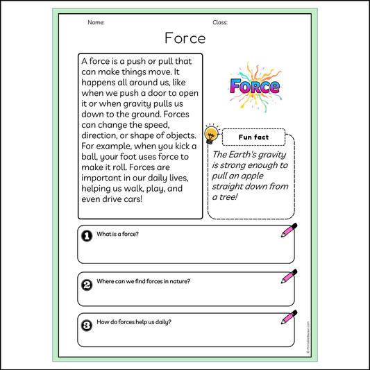 Force | Reading Passage Comprehension Questions Writing Facts Worksheet