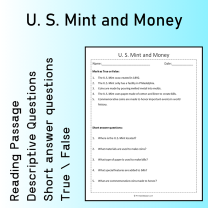 U. S. Mint and Money | Reading Comprehension Passage Printable Worksheet