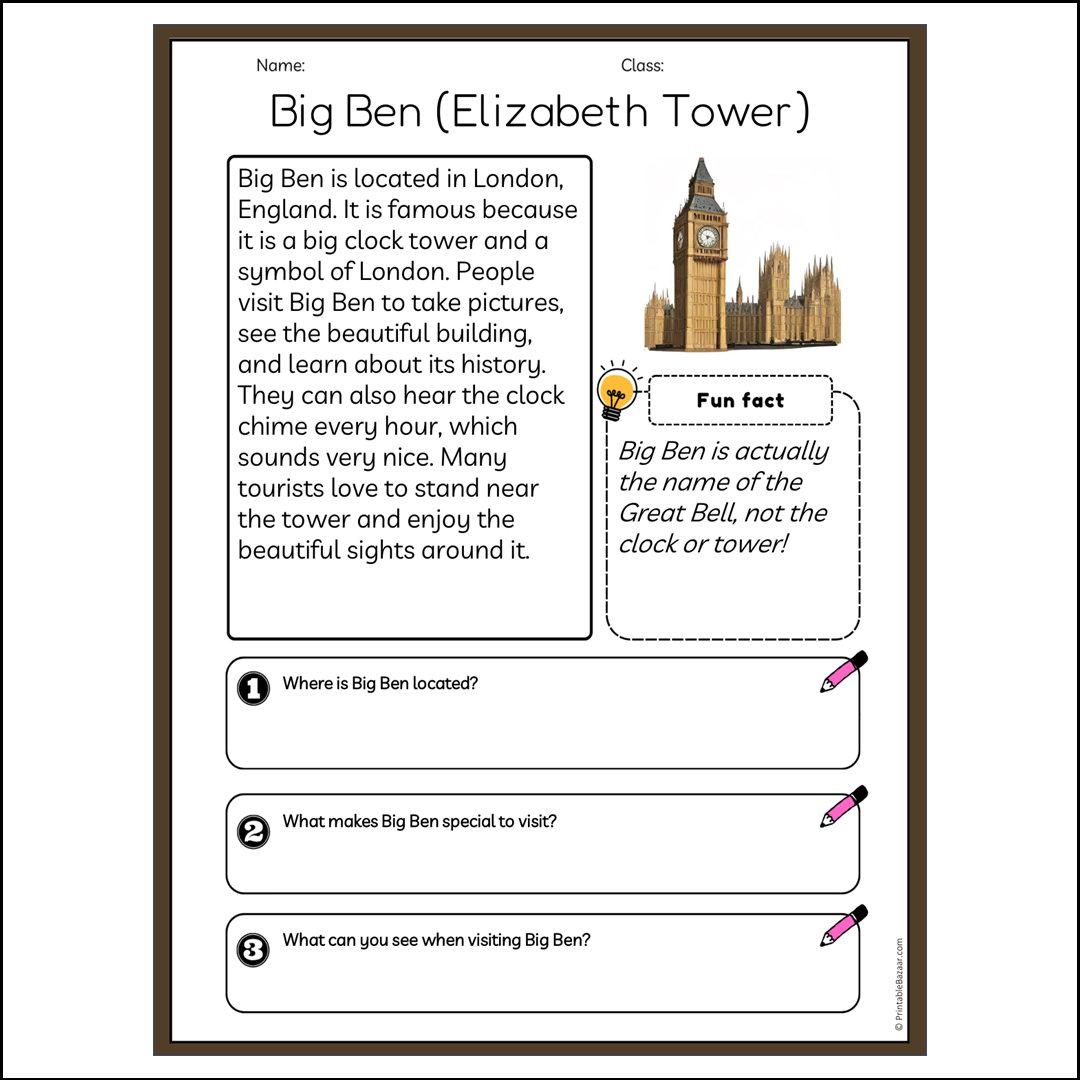 Big Ben (Elizabeth Tower) | Reading Passage Comprehension Questions Writing Facts Worksheet