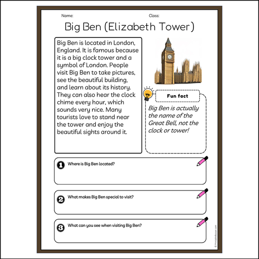 Big Ben (Elizabeth Tower) | Reading Passage Comprehension Questions Writing Facts Worksheet