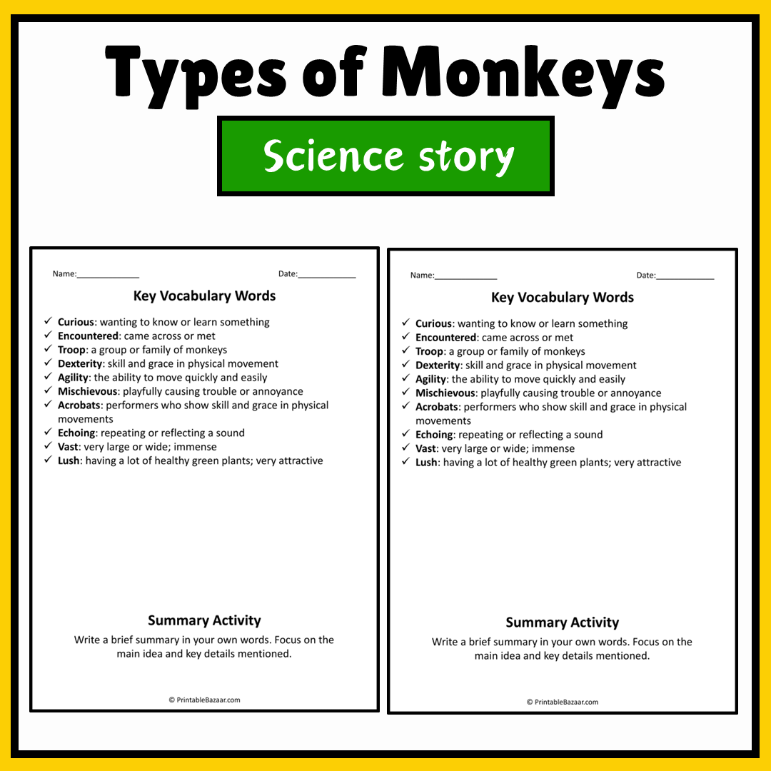 Types of Monkeys | Science Story Reading Comprehension Activity