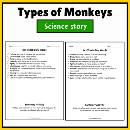 Types of Monkeys | Science Story Reading Comprehension Activity