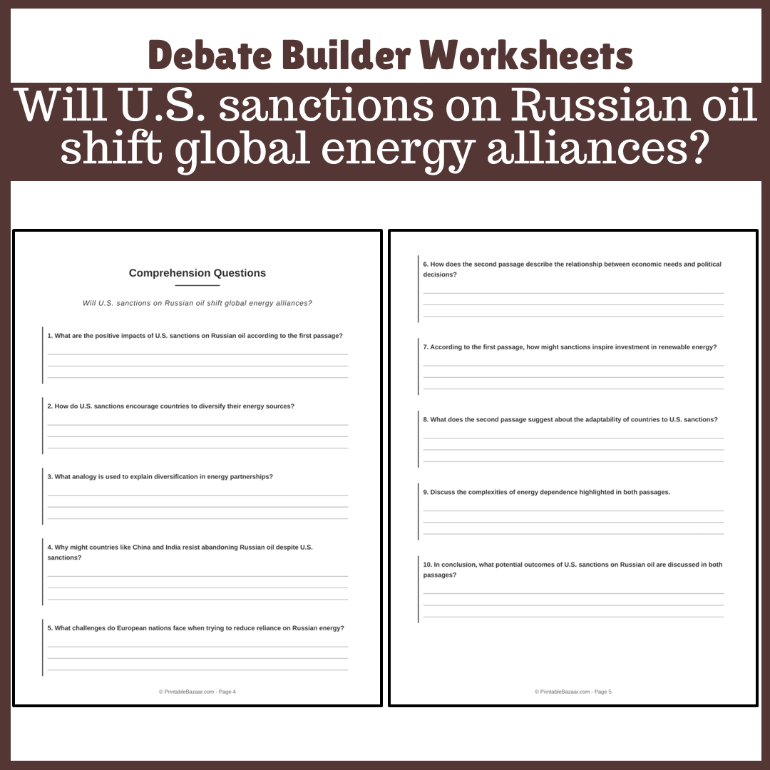 Will U.S. sanctions on Russian oil shift global energy alliances? | Favour and Against Worksheet Printable Activity