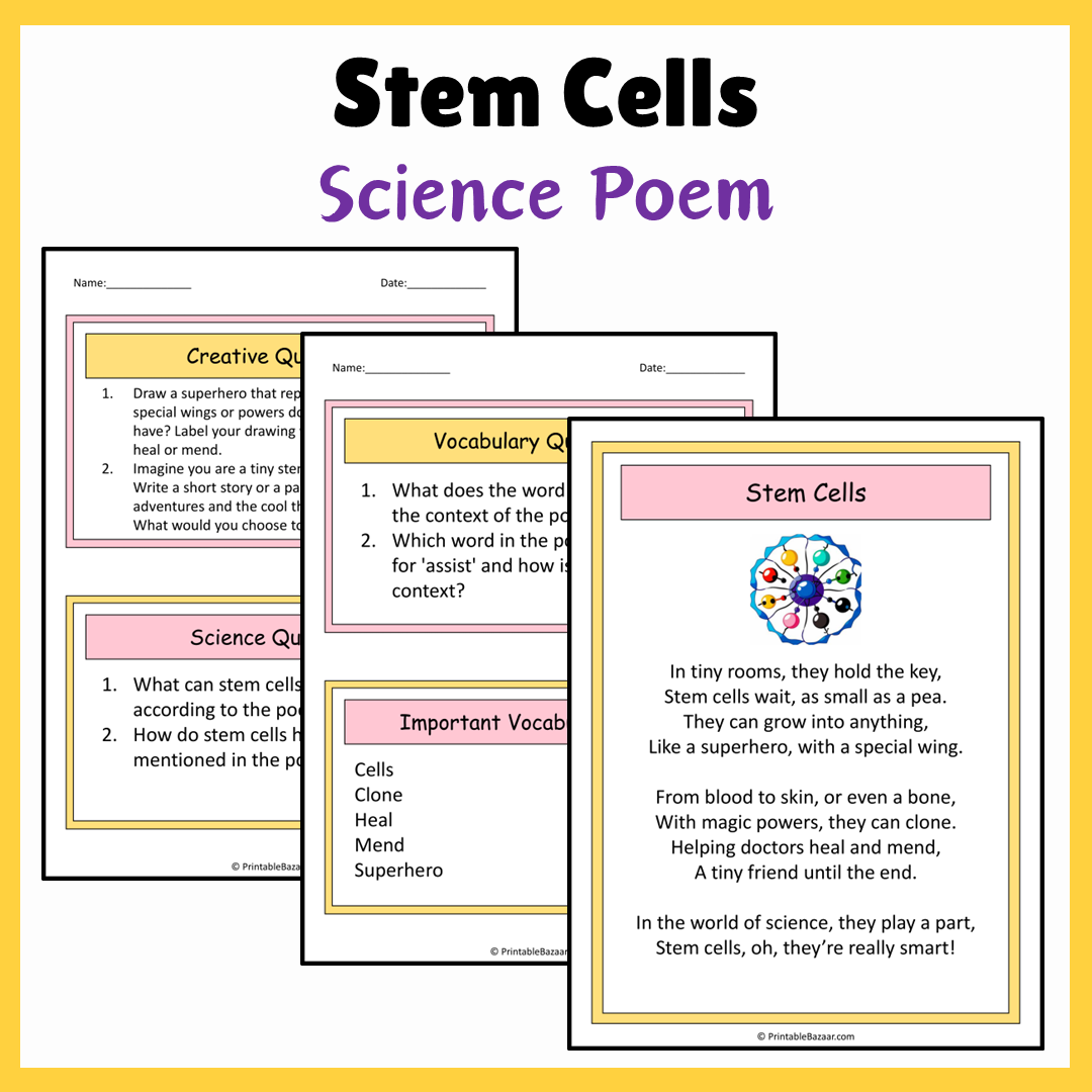 Stem Cells | Science Poem Reading Comprehension Activity