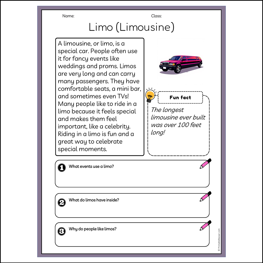 Limo (Limousine) | Reading Passage Comprehension Questions Writing Facts Worksheet