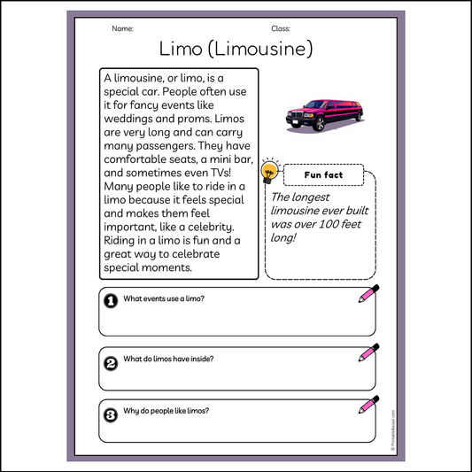 Limo (Limousine) | Reading Passage Comprehension Questions Writing Facts Worksheet