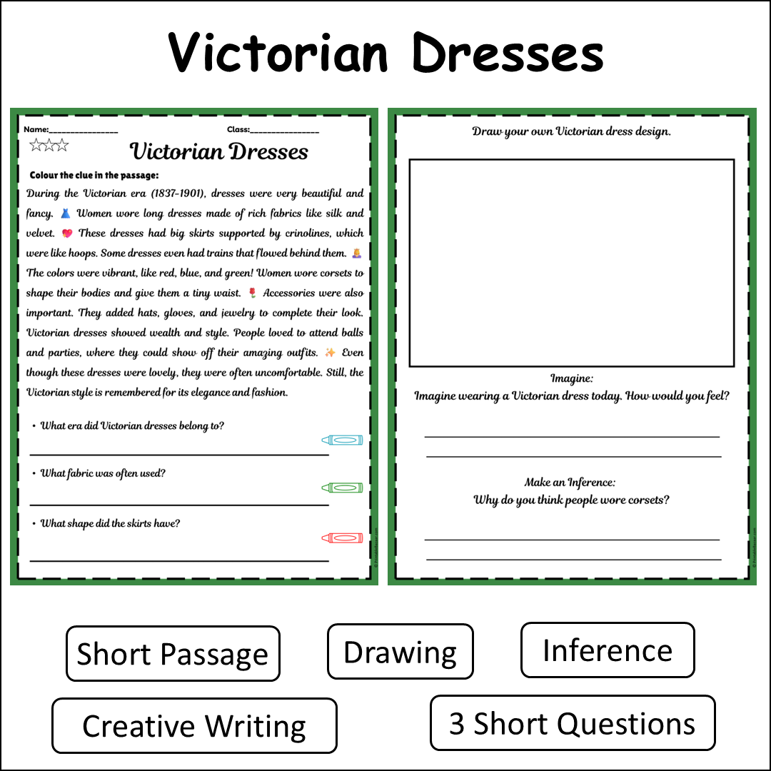 Victorian Dresses | Short Reading Comprehension Creative Worksheet