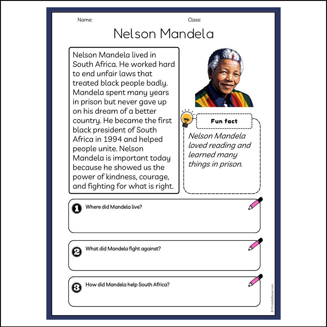 Nelson Mandela | Reading Passage Comprehension Questions Writing Facts Worksheet