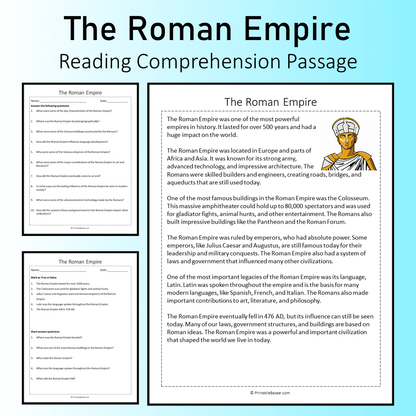 The Roman Empire | Reading Comprehension Passage Printable Worksheet