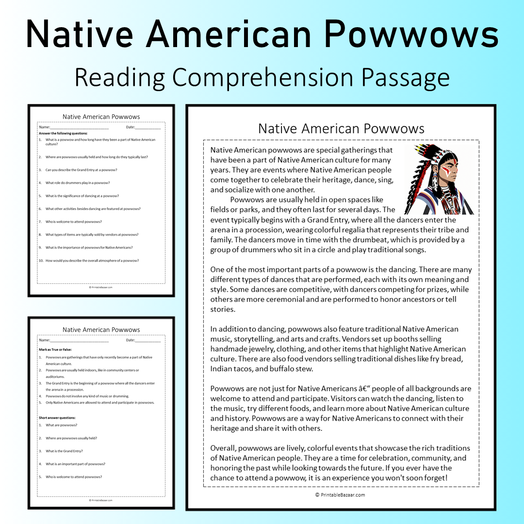 Native American Powwows | Reading Comprehension Passage Printable Worksheet