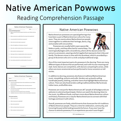 Native American Powwows | Reading Comprehension Passage Printable Worksheet