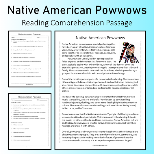 Native American Powwows | Reading Comprehension Passage Printable Worksheet