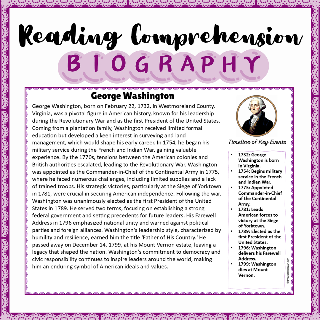 George Washington | Biography Reading Comprehension and Questions Worksheet