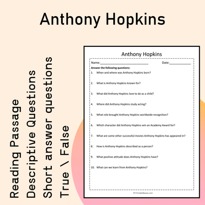 Anthony Hopkins | Reading Comprehension Passage Printable Activity