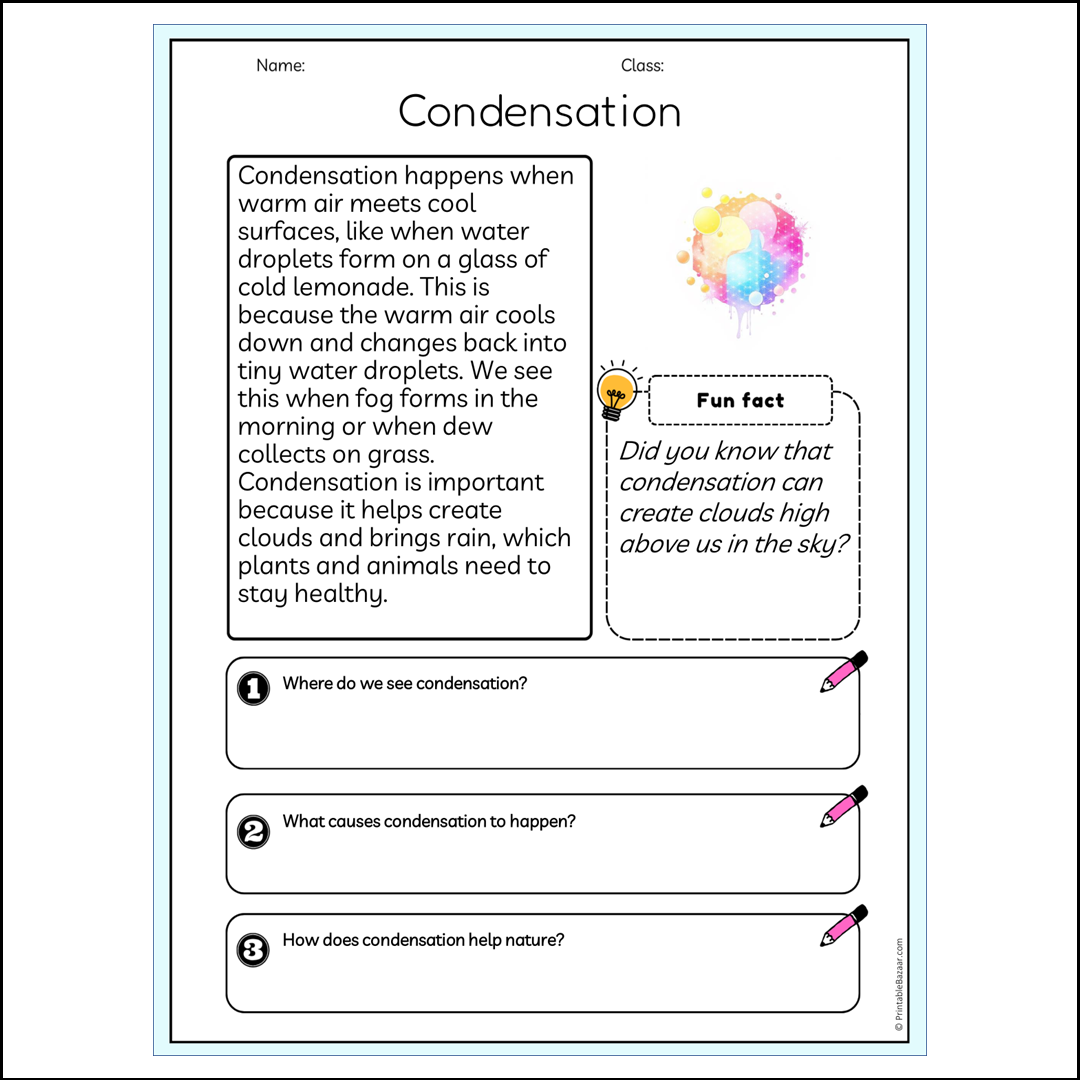 Condensation | Reading Passage Comprehension Questions Writing Facts Worksheet