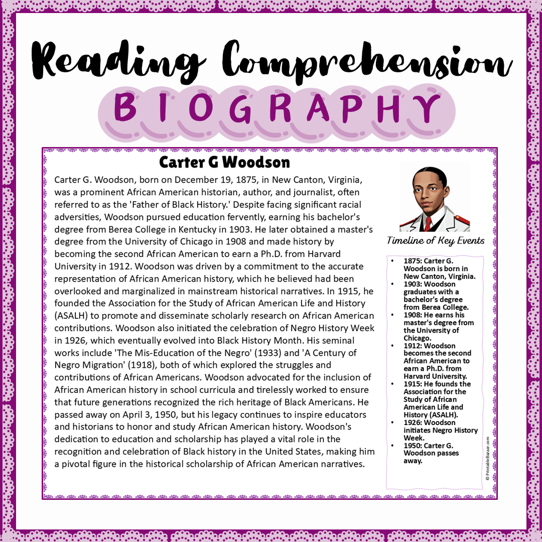 Carter G Woodson | Biography Reading Comprehension and Questions Worksheet