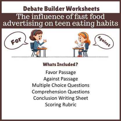 The influence of fast food advertising on teen eating habits | Favour and Against Worksheet Printable Activity