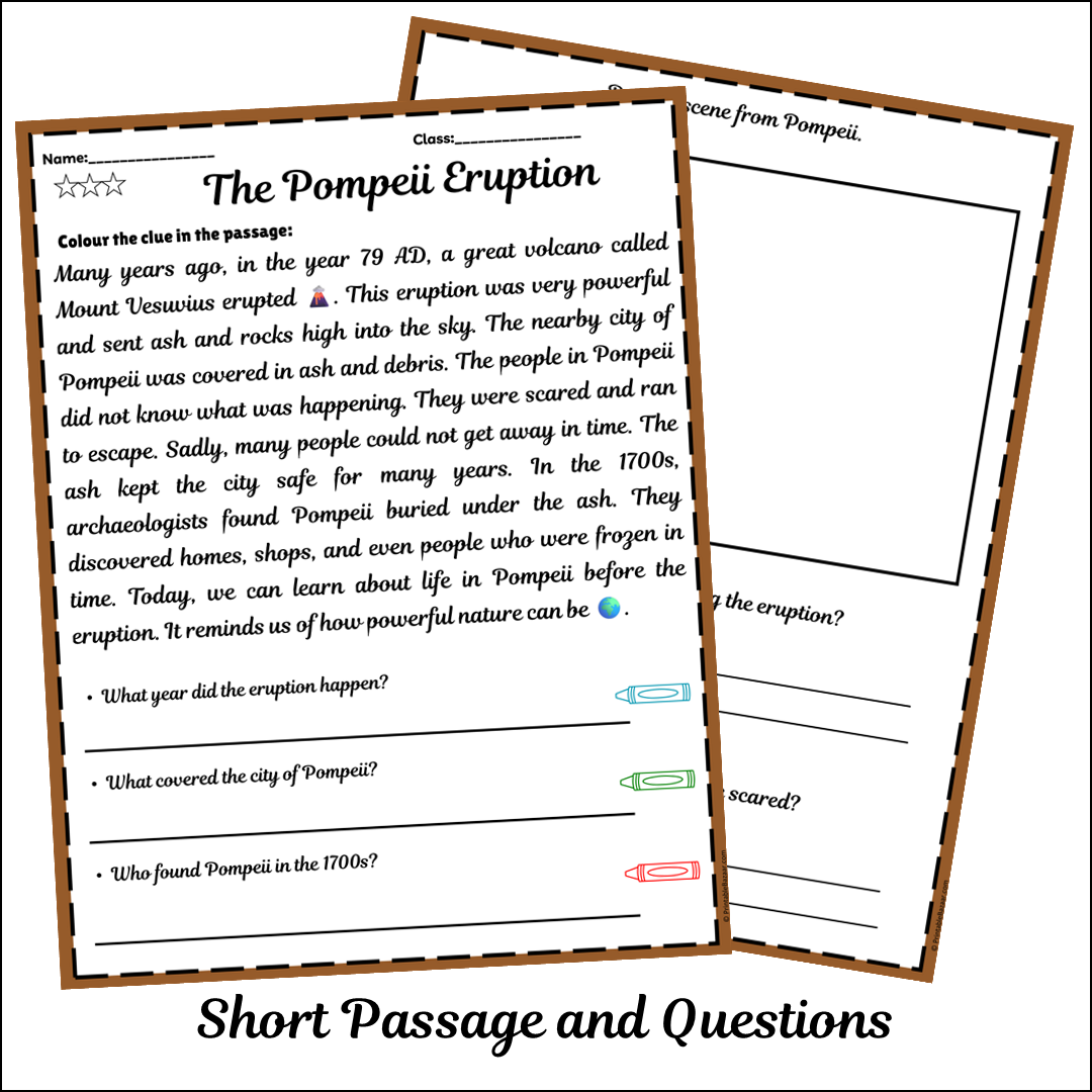 The Pompeii Eruption | Short Reading Comprehension Creative Worksheet