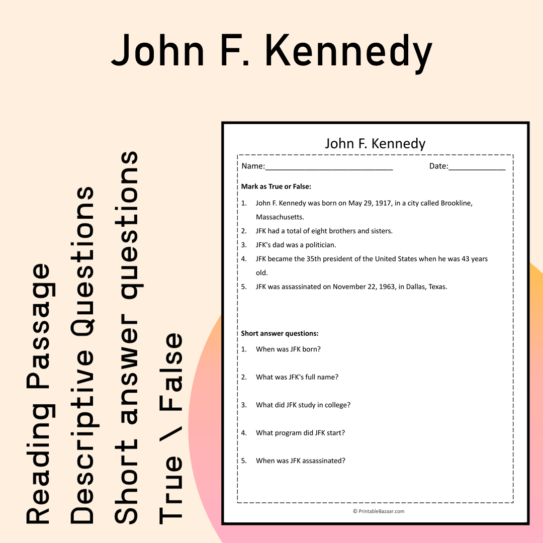 John F. Kennedy | Reading Comprehension Passage Printable Activity