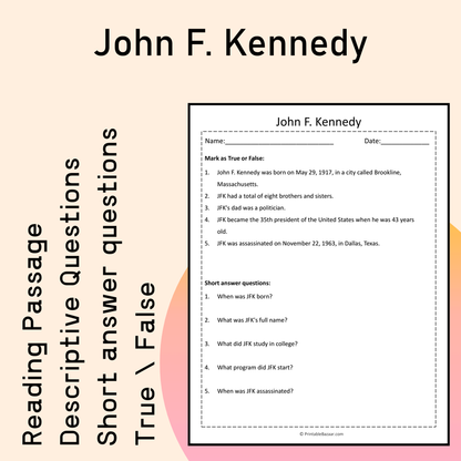 John F. Kennedy | Reading Comprehension Passage Printable Activity
