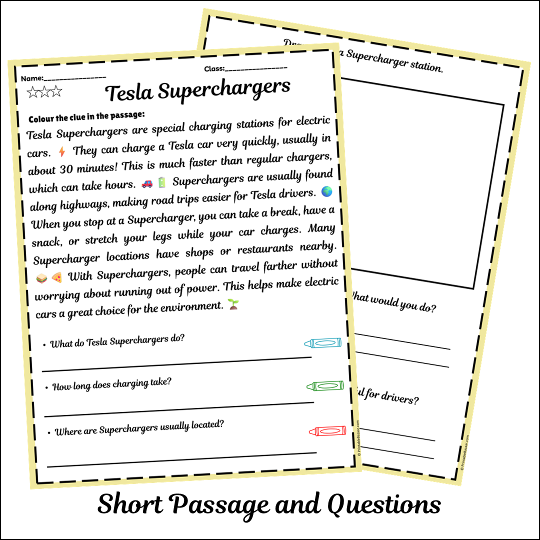 Tesla Superchargers | Short Reading Comprehension Creative Worksheet