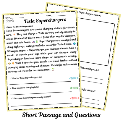 Tesla Superchargers | Short Reading Comprehension Creative Worksheet