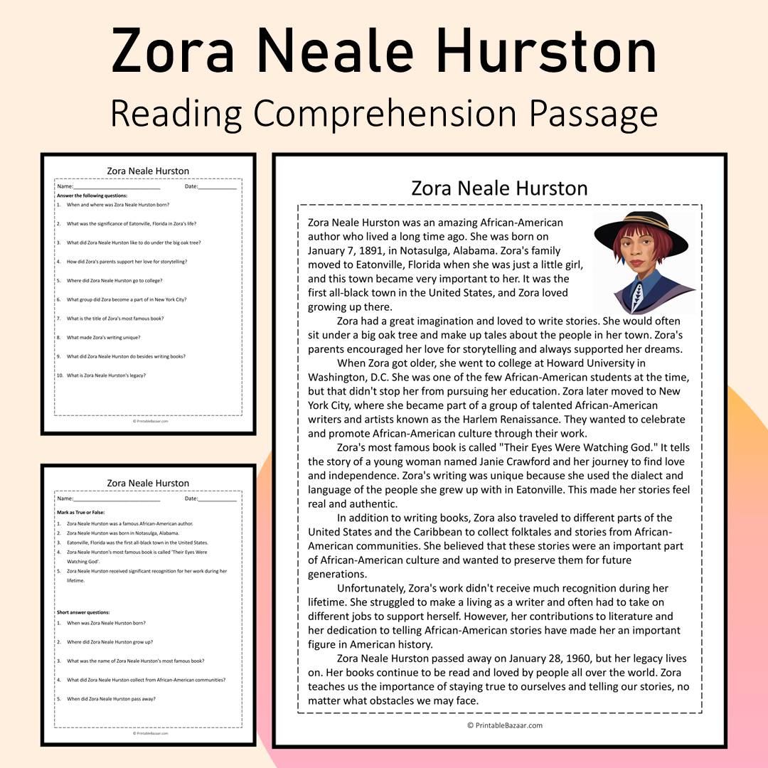 Zora Neale Hurston | Reading Comprehension Passage Printable Activity