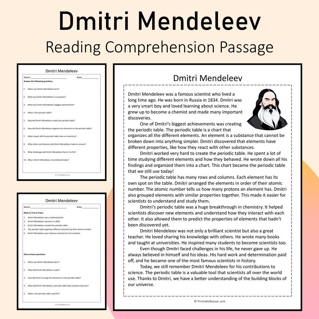 Dmitri Mendeleev | Reading Comprehension Passage Printable Activity