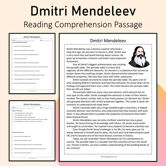 Dmitri Mendeleev | Reading Comprehension Passage Printable Activity