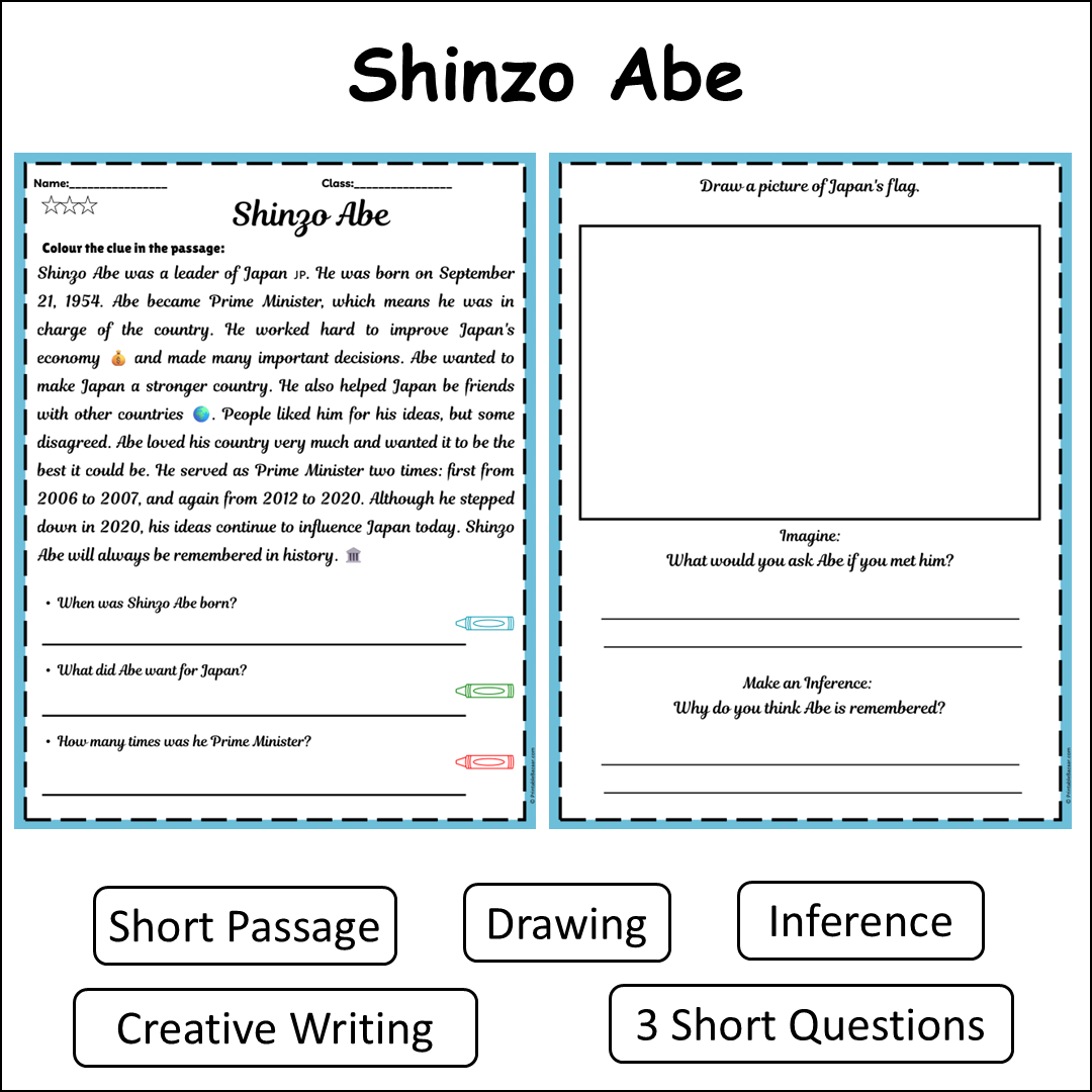 Shinzo Abe | Short Reading Comprehension Creative Worksheet