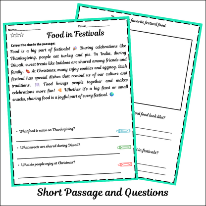 Food in Festivals | Short Reading Comprehension Creative Worksheet