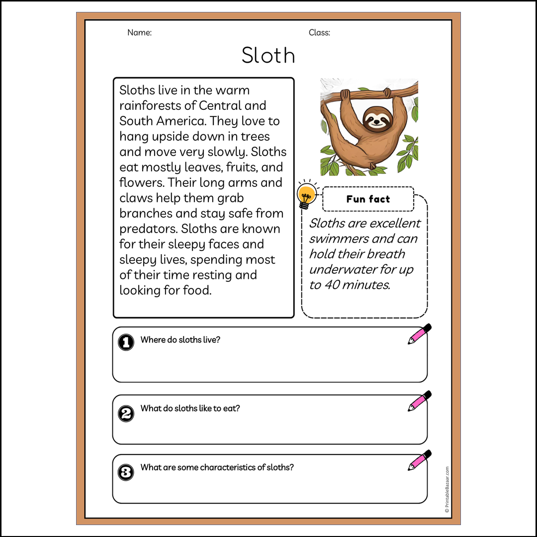 Sloth | Reading Passage Comprehension Questions Writing Facts Worksheet