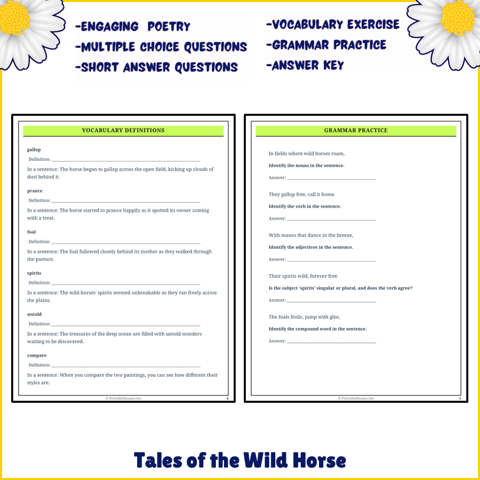 Tales of the Wild Horse | Poem Grammar Worksheet Printable Activity
