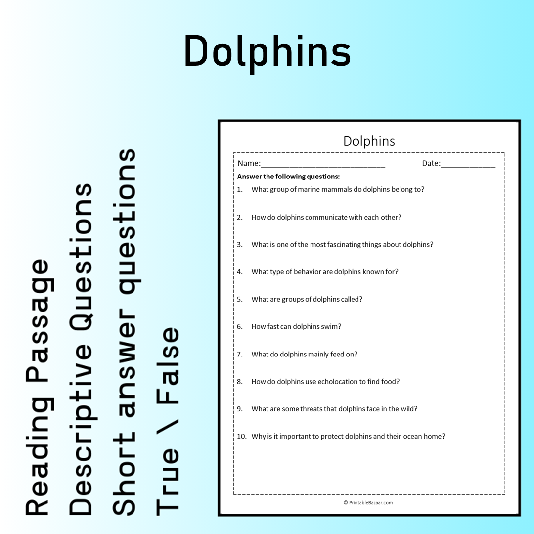 Dolphins | Reading Comprehension Passage Printable Worksheet
