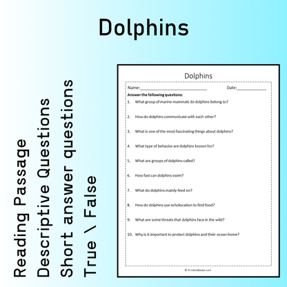 Dolphins | Reading Comprehension Passage Printable Worksheet