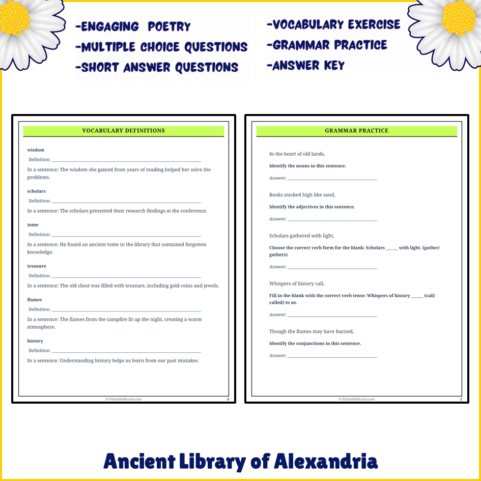 Ancient Library of Alexandria | Poem Grammar Worksheet Printable Activity