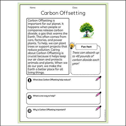 Carbon Offsetting | Reading Passage Comprehension Questions Writing Facts Worksheet