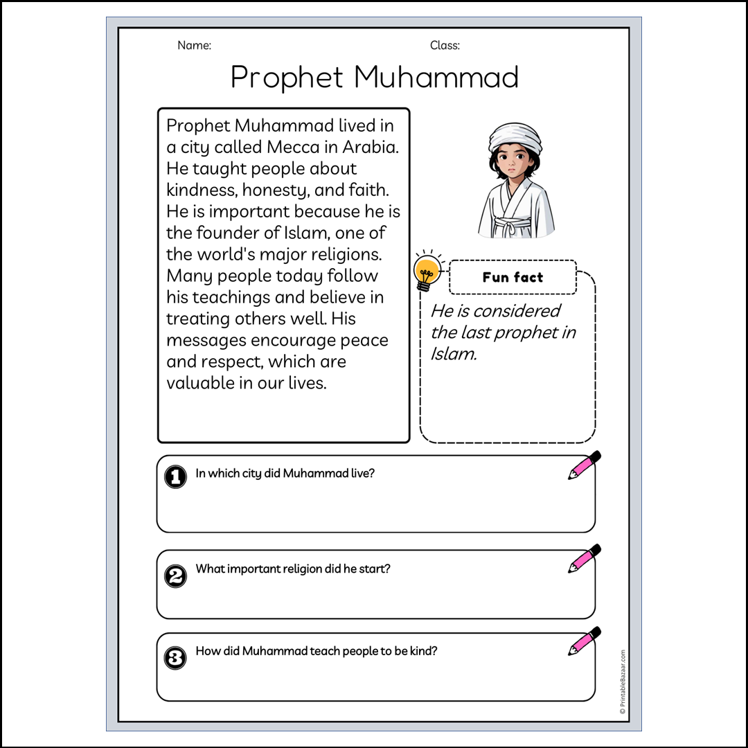 Prophet Muhammad | Reading Passage Comprehension Questions Writing Facts Worksheet