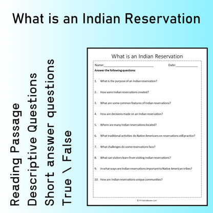 What is an Indian Reservation | Reading Comprehension Passage Printable Worksheet