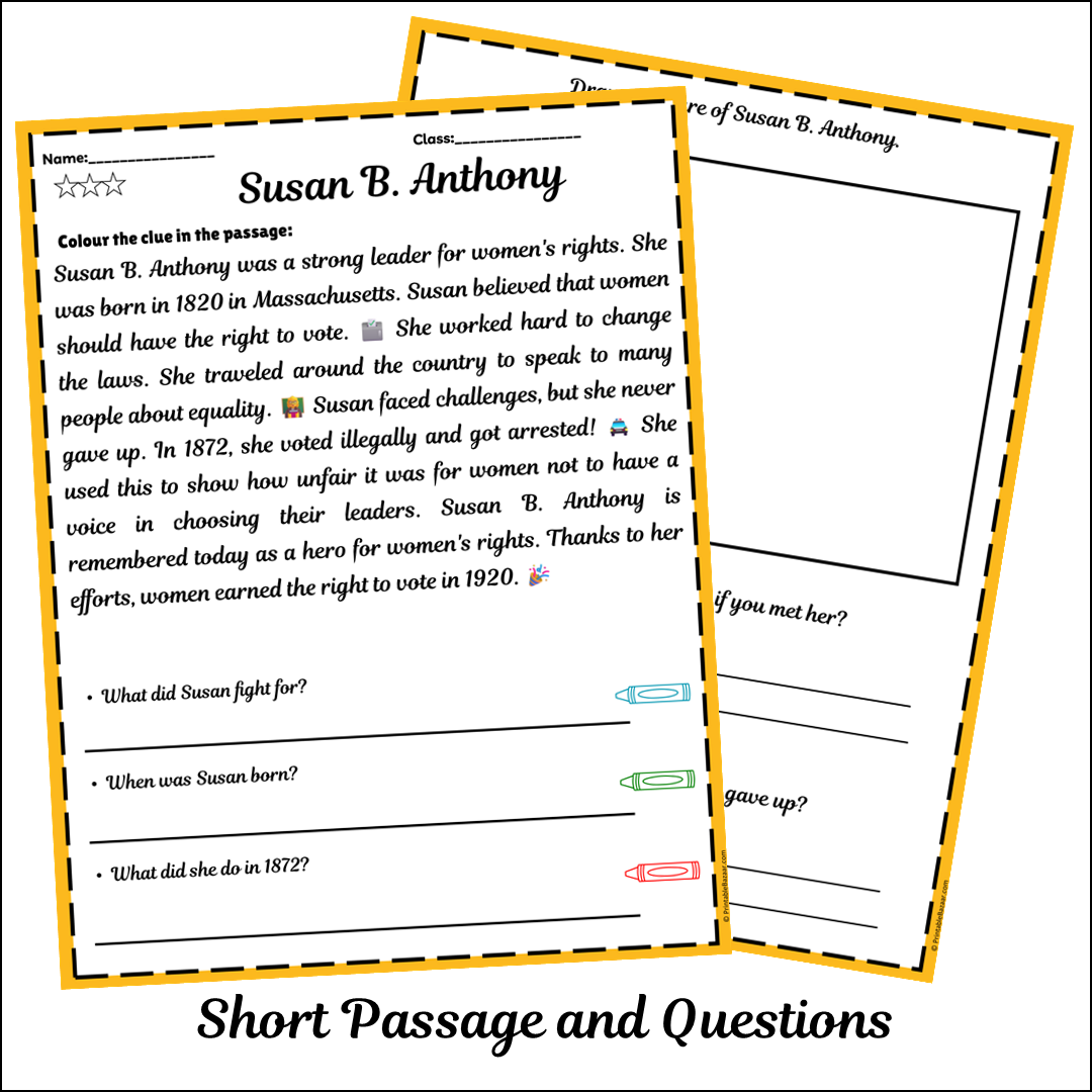 Susan B. Anthony | Short Reading Comprehension Creative Worksheet