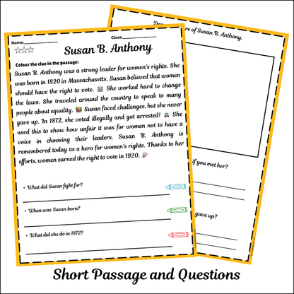 Susan B. Anthony | Short Reading Comprehension Creative Worksheet