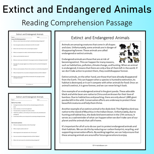 Extinct and Endangered Animals | Reading Comprehension Passage Printable Worksheet
