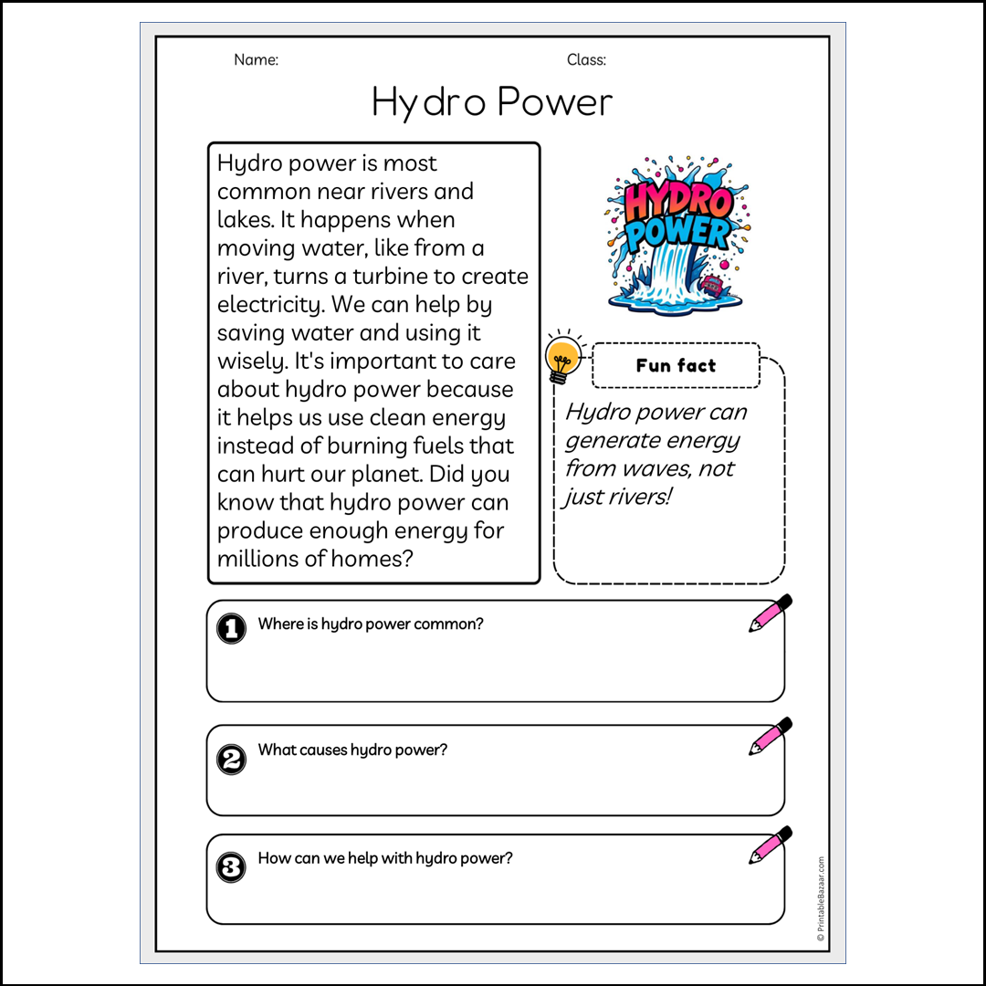 Hydro Power | Reading Passage Comprehension Questions Writing Facts Worksheet