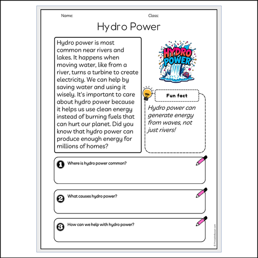 Hydro Power | Reading Passage Comprehension Questions Writing Facts Worksheet