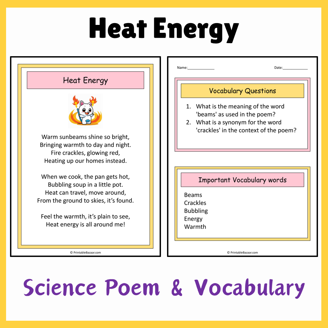 Heat Energy | Science Poem Reading Comprehension Activity