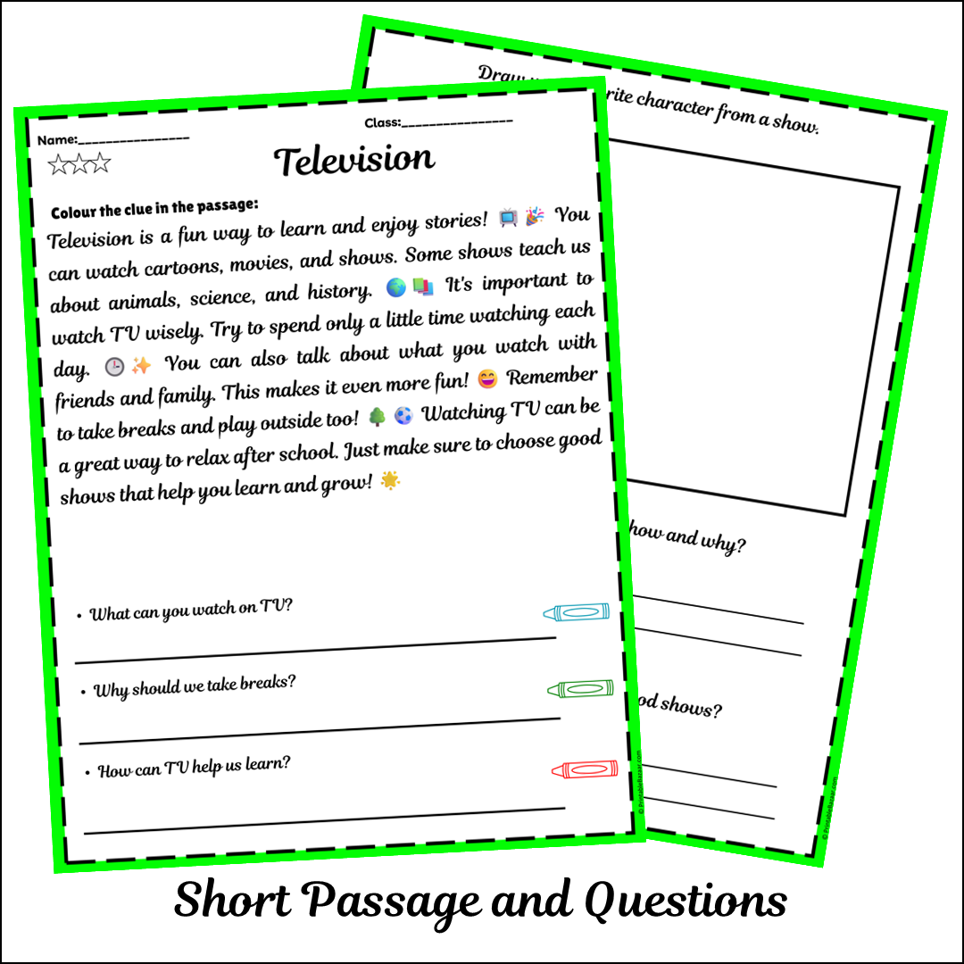 Television | Short Reading Comprehension Creative Worksheet