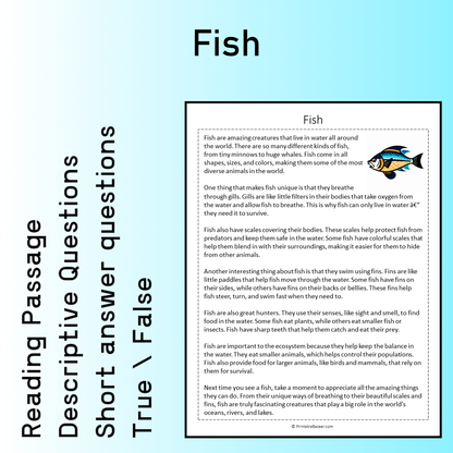 Fish | Reading Comprehension Passage Printable Worksheet