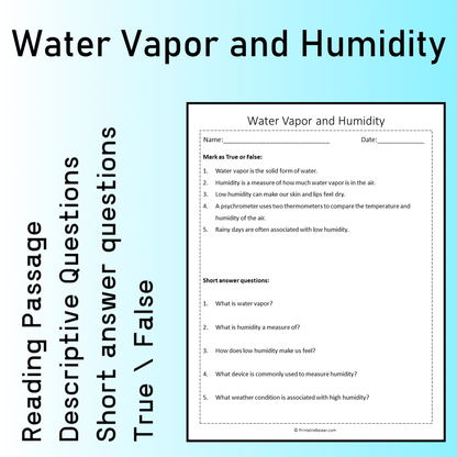 Water Vapor and Humidity | Reading Comprehension Passage Printable Worksheet