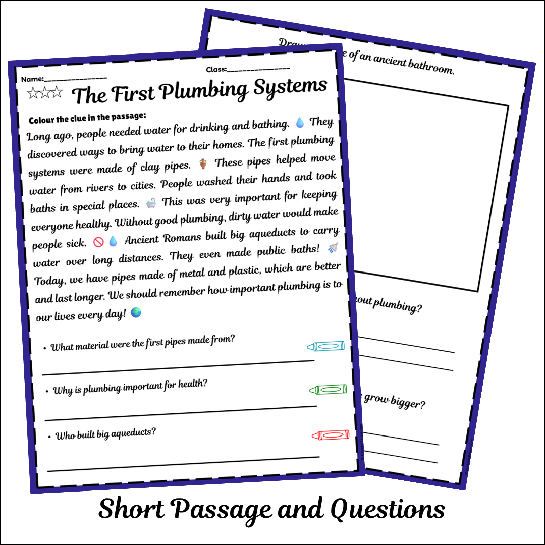 The First Plumbing Systems | Short Reading Comprehension Creative Worksheet