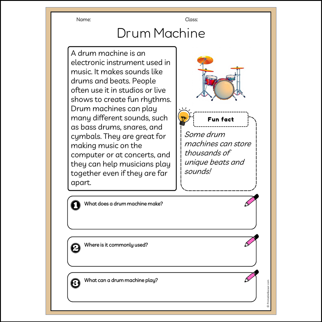 Drum Machine | Reading Passage Comprehension Questions Writing Facts Worksheet